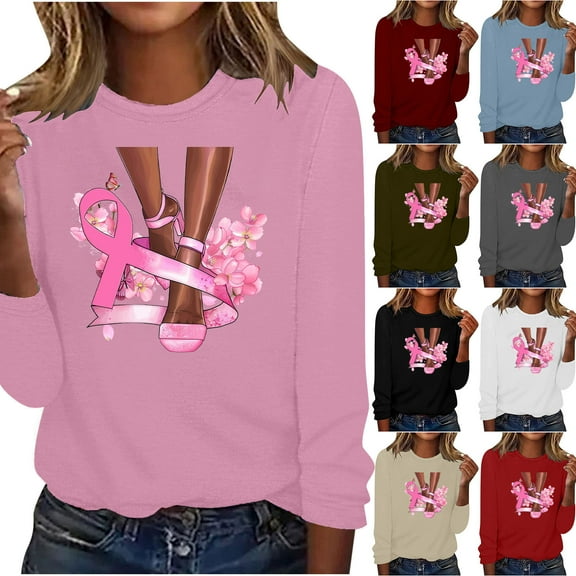 VKOYWKM Breast Cancer Tee Shirts Women Breast Cancer Awareness Tshirt Long Sleeve Pink Ribbon Graphic Tees Cancer Fight Crew Neck Sweatshirt Tee Tops