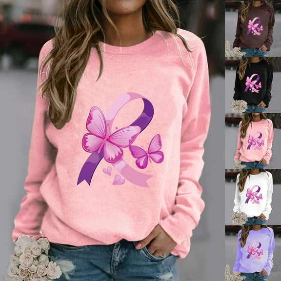 VKOYWKM Breast Cancer Tee for Women Breast Cancer Awareness T-Shirt Long Sleeve Pink Ribbon Graphic Tee Tops Fall Crew Neck Loose Fit Breast Cancer Pullover Sweashirt