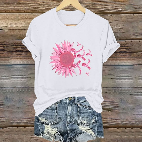 VKOYWKM Breast Cancer Tops for Women Breast Cancer Awareness Shirt Pink Ribbon Print Fight Cancer Tshirt Inspirational Crew Neck Short Sleeve Tee Top