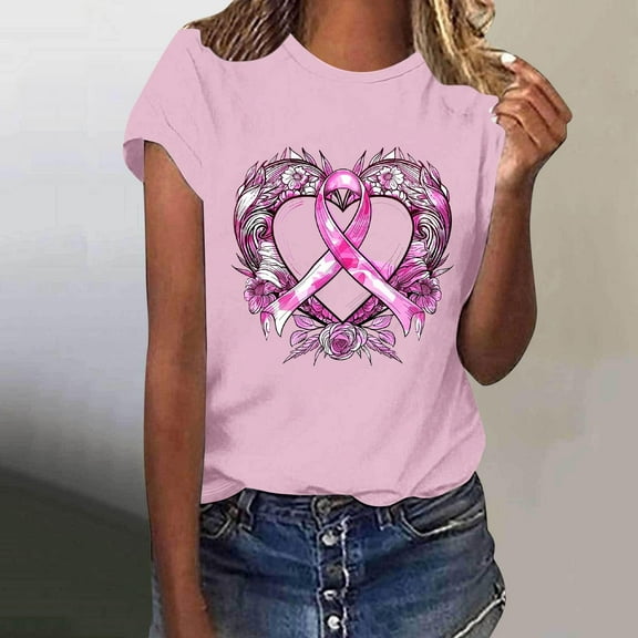 VKOYWKM Breast Cancer Tshirts for Women Pink Ribbon Graphic Tees Breast Cancer Awareness Shirts Short Sleeve Inspirational Tops