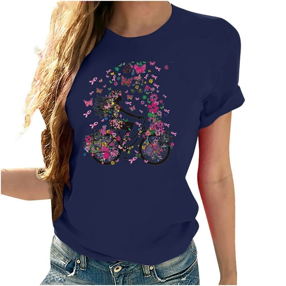 VKOYWKM Cancer Shirts for Women Breast Cancer Awareness Tshirt Pink Ribbon Print Inspirational Crew Neck Short Sleeve Tee Tops