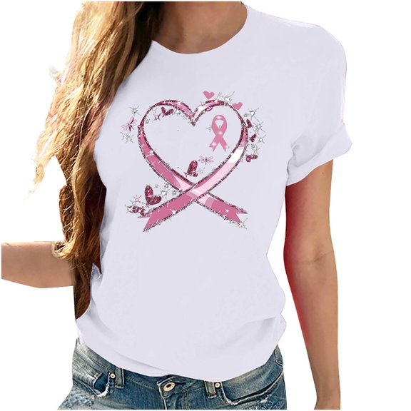 VKOYWKM Cancer T-Shirts Women Breast Cancer Awareness Shirt Inspirational Breast Cancer Graphic Crew Neck Short Sleeve Tee Tops Cancer Fight T Shirts