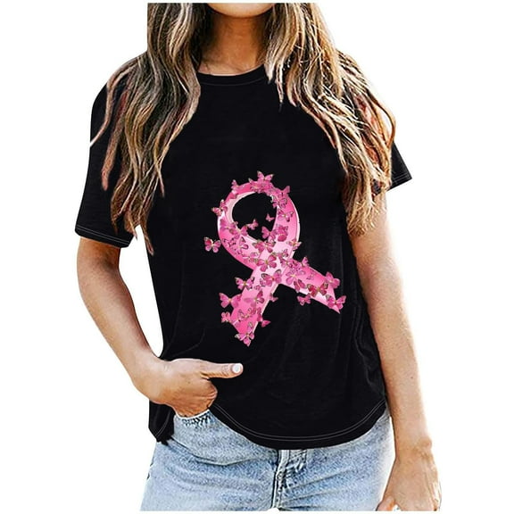 VKOYWKM Cancer T Shirts Women Pink Ribbon Graphic Tees Breast Cancer Awareness Shirts Short Sleeve Inspirational Tops