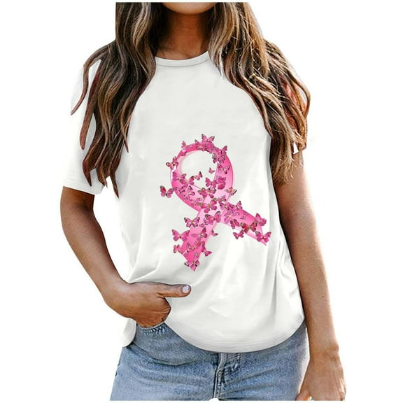 VKOYWKM Cancer T Shirts Women Pink Ribbon Graphic Tees Breast Cancer Awareness Shirts Short Sleeve Inspirational Tops