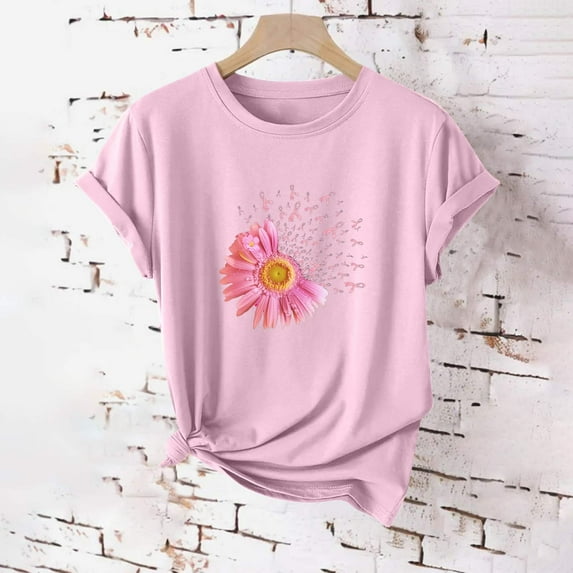 VKOYWKM Cancer T Shirts for Women Breast Cancer Pink Ribbon T-Shirt Cancer Awareness Crew Neck Inspirational Short Sleeve Tees