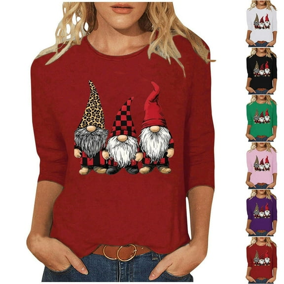 VKOYWKM Christmas Shirts Women Cute Christmas Gnomes Graphic Tees 3/4 Length Sleeve Women Tops Funny Family Party Christmas T-Shirts