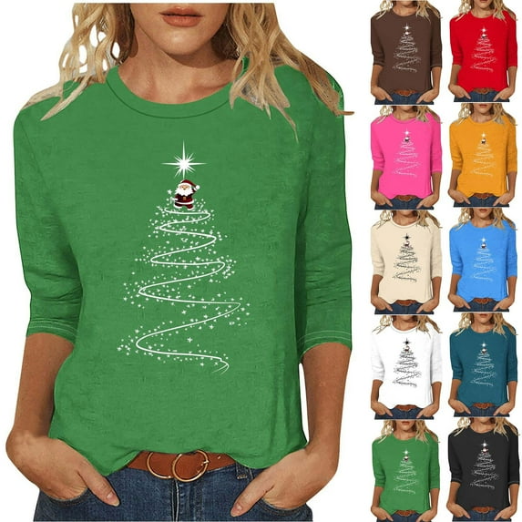 VKOYWKM Christmas T Shirts Women 3/4 Length Sleeve Womens Tops Christmas Tree Graphic T Shirts Casual Crew Neck Funny Family Party Tunic Top