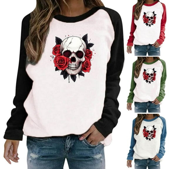 VKOYWKM Crew Neck Sweatshirts Women Halloween Skull Sweatshirt Cute Spooky Graphic Sweatshirts Oversized Raglan Long Sleeve Sweatshirts Fall Pullover