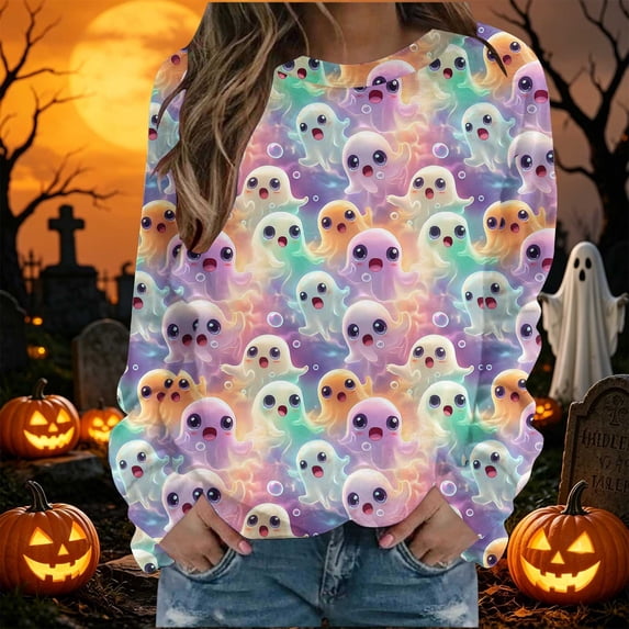 VKOYWKM Crewneck Sweatshirt for Women Halloween Spooky Season Sweatshirt Oversized Ghost Print Pullover Top Long Sleeve Sweatshirt