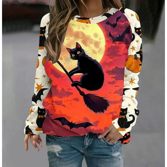 VKOYWKM Crewneck Sweatshirt for Women Halloween Sweatshirt Black Cat Graphic Sweatshirts Long Sleeve Sweatshirts Fall Pullover