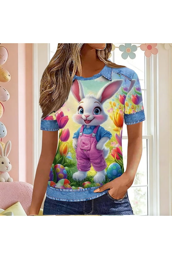 Easter Bunny T-Shirts for Women Cute Rabbit Eggs Graphic Tees Short Sleeve Casual Holiday Tops Loose Fit Crew Neck Easter Tshirts