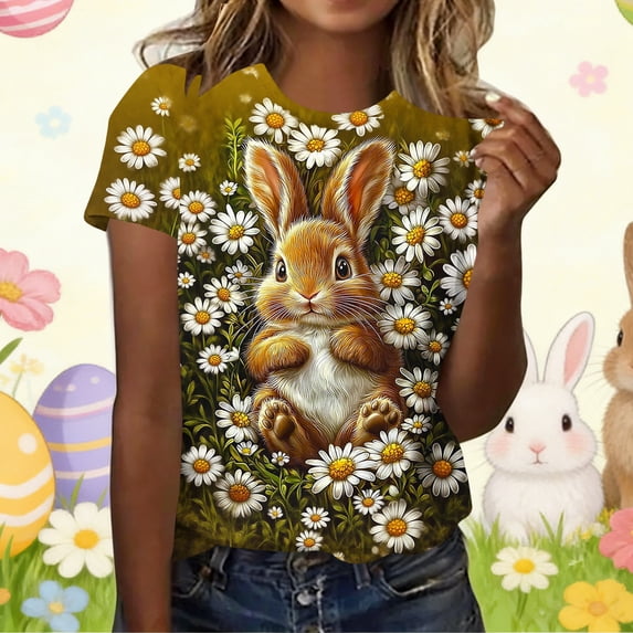 VKOYWKM Easter Eggs Tshirts for Women Cute Bunny Rabbit Graphic Tees Holiday Crew Neck Short Sleeve Summer T Shirts Easter Tops