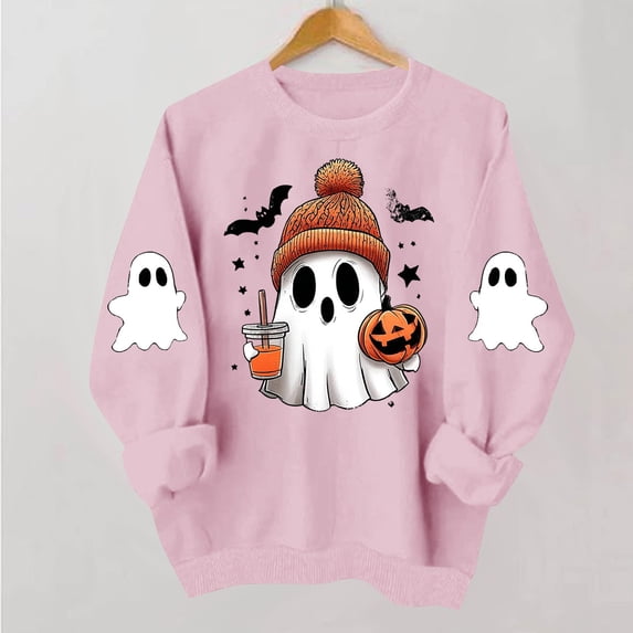 VKOYWKM Fall Halloween Sweatshirts for Women Ghost Graphic Sweatshirts Oversized Long Sleeve Crew Neck Pullover Holiday Party Sweatshirt