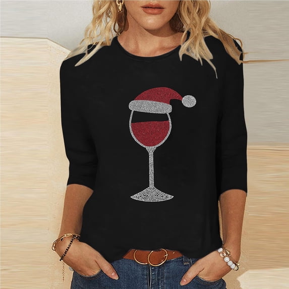 VKOYWKM Fall T Shirts for Women Christmas Shirts 3/4 Length Sleeve Womens Tops Funny Xmas Wine Glass Graphic Tees Winter Holiday Crew Neck Family Party Matching Tops