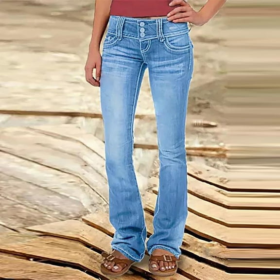 VKOYWKM Flare Jeans for Women Button Low Waisted Bootcut Denim Pants Plus Size Bell Bottom Jeans Stretch Distressed Jeans with Pockets