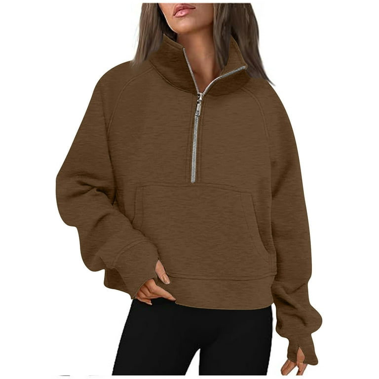 VKOYWKM Funnel Neck Sweatshirts for Women Plus Size Half Zip Cropped Pullover with Thumb Hole Long Sleeve Fall Clothes Solid Loose Fit Sweatshirts Walmart