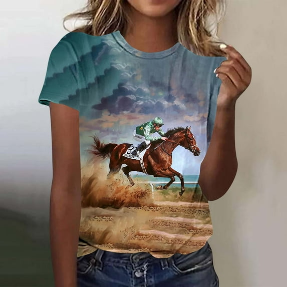 VKOYWKM Funny Horse Racing Shirts for Women Summer Trendy Horse Graphic Tees Short Sleeve Casual Tops Loose Fit Crew Neck Plus Size T-Shirts