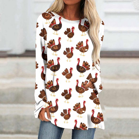 VKOYWKM Funny Thanksgiving Long Sleeve Shirts for Women Turkey Graphic Tees Tunic Tops Holiday Crew Neck Loose Fit Family Party Blouses Fall Top
