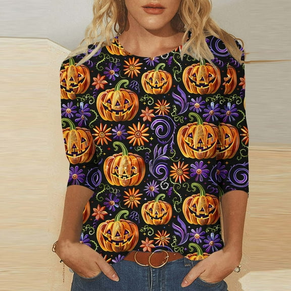 VKOYWKM Funny Thanksgiving Shirts for Women 3/4 Length Sleeve Womens Tops Pumpkin Graphic Tees Loose Fit Round Neck Thanksgiving Halloween Gift Top