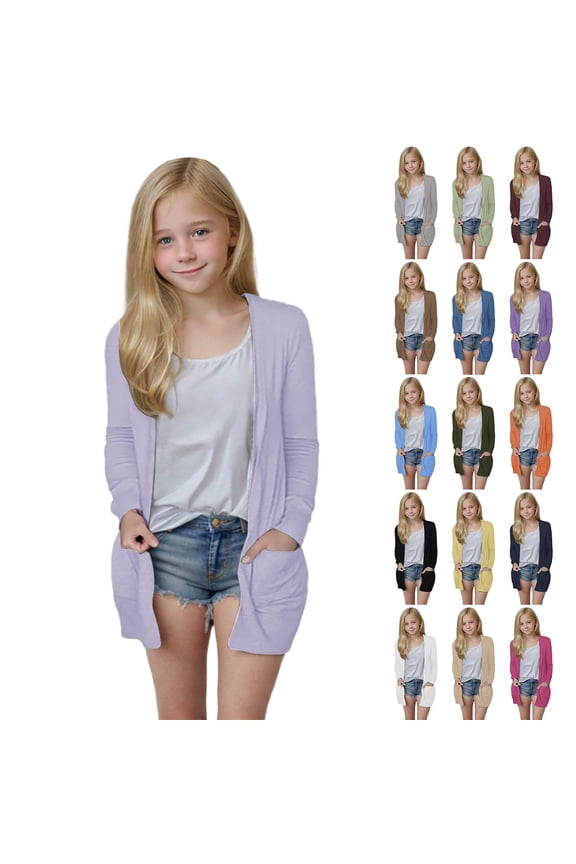 Girls Cardigan Sweater Long Sleeve Open Front Cardigans Sweaters Knit Cute Sweater Outwears with Pockets for 5-14 Years
