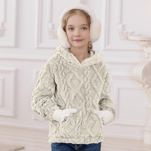 VKOYWKM Girls Fuzzy Fleece Pullover Warm Winter Hoodies Sweatshirt Casual Long Sleeve Loose Kids Sherpa Hoodie with Pocket