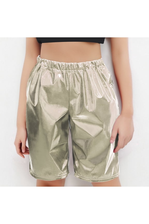 Girls Sparkly Bermuda Shorts Summer Elastic Waist Glitter Party Dance Short Straight Leg Casual Knee Length Shorts Silver 15 Years