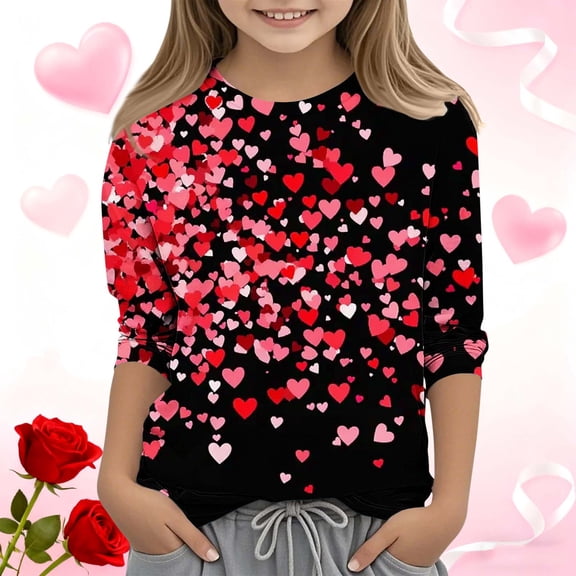 VKOYWKM Girls Valentine's Day Tees Love Graphic Tops 3/4 Sleeve Crew Neck Romantic Shirts Holiday Wear