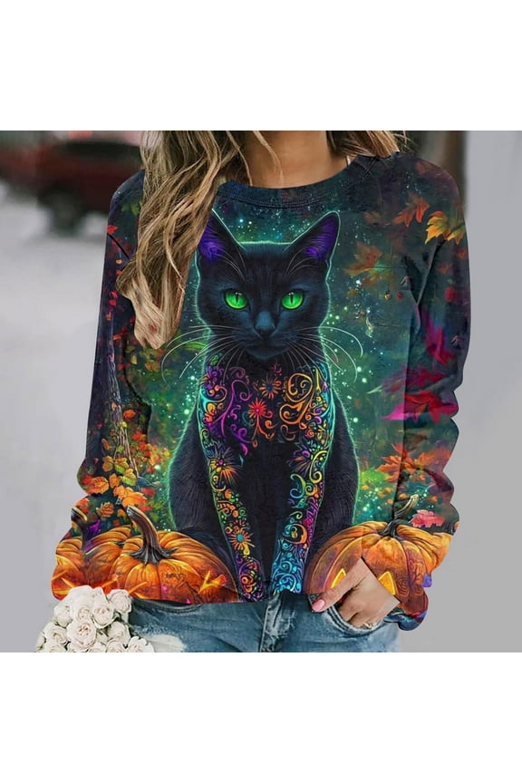 Halloween Black Cat Graphic Sweatshirts Women Sweatshirt Crew Neck Long Sleeve Fall Pullover Tops Black Cat Halloween Sweater