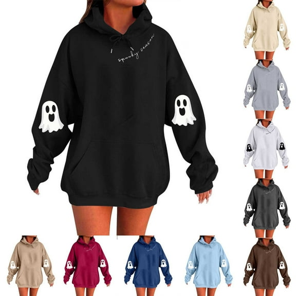 VKOYWKM Halloween Hoodie for Women Oversized Long Sleeve Ghost Graphic Sweatshirt Cute Spooky Hooded Pullover with Pocket