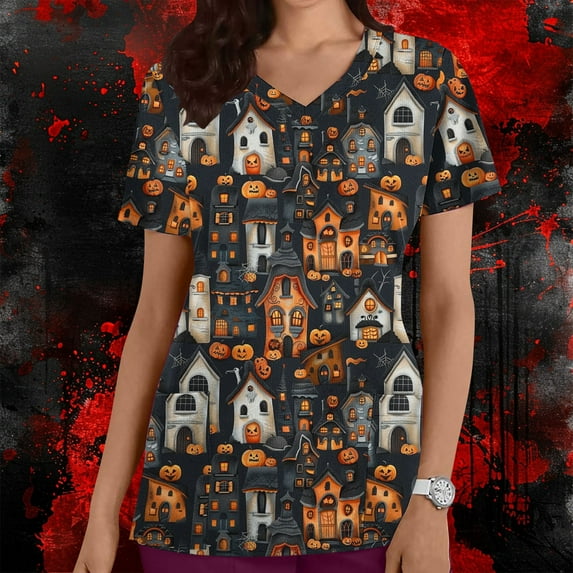 VKOYWKM Halloween Scrub Shirts for Women Funny Pumpkin Ghost Graphic Nurse Uniforms Short Sleeve V Neck Nursing Scrubs Holiday Tops with Pockets
