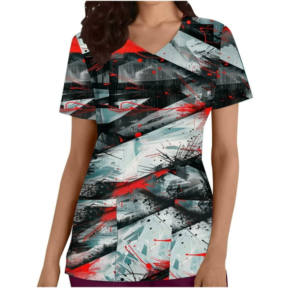 VKOYWKM Halloween Scrub Shirts for Women V Neck Halloween Spooky Print Scrub Tops Short Sleeve Loose Fit Pockets Nurse Uniforms Working Scrubs