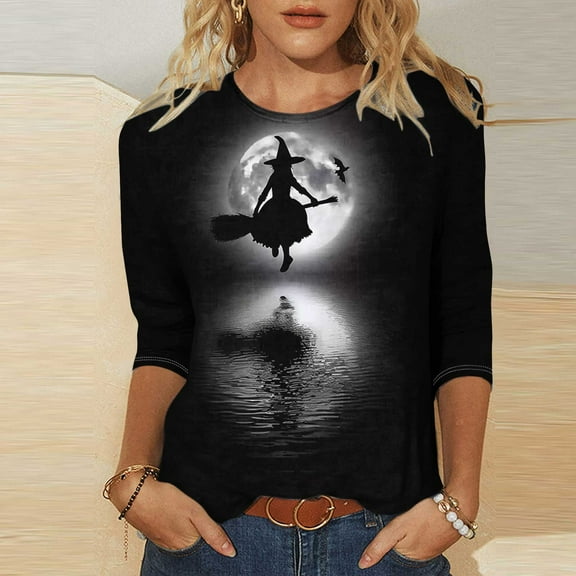 VKOYWKM Halloween Shirt Women 3/4 Length Sleeve Tops Witch Graphic T Shirts Holiday Crew Neck Loose Fit Halloween Party Blouses