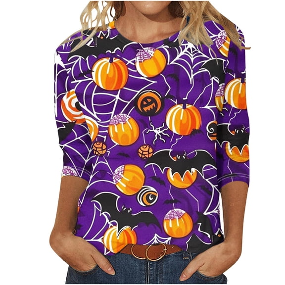 VKOYWKM Halloween Shirt for Women 3/4 Length Sleeve Womens Tops Halloween Pumpkin Ghost Graphic T Shirts Crew Neck Loose Fit Holiday Party Blouses