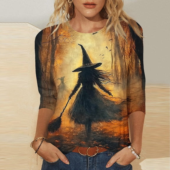 VKOYWKM Halloween Shirt for Women 3/4 Length Sleeve Womens Tops Halloween Witch Graphic T Shirts Casual Crew Neck Halloween Tunic Top