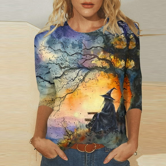 VKOYWKM Halloween Shirt for Women 3/4 Sleeve Witch Print T Shirts Halloween Tunic Tops Loose Fit Crew Neck Party Blouse