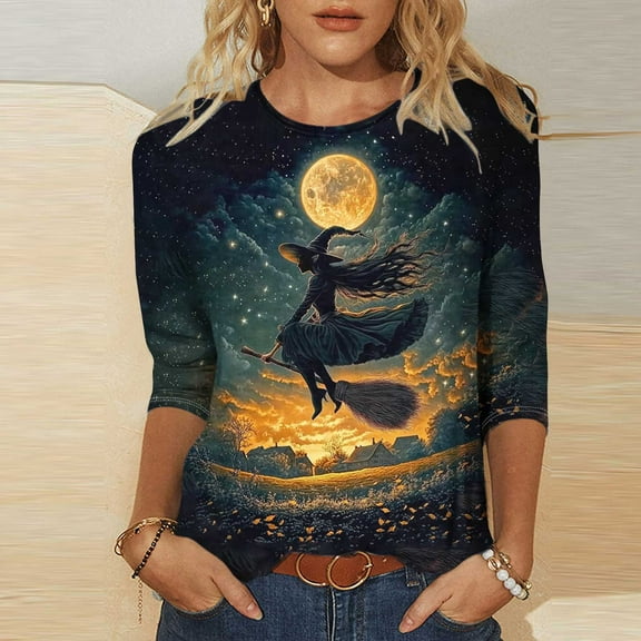 VKOYWKM Halloween Shirts for Women 3/4 Length Sleeve Women Tops Witch Graphic Tees Crew Neck Loose Fit Holiday Vintage Tops Three Quarter Length Blouses