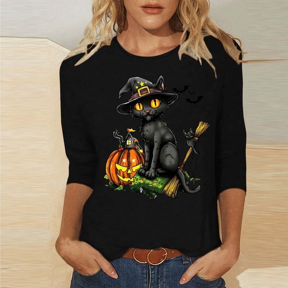 VKOYWKM Halloween Shirts Women 3/4 Length Sleeve Womens Tops Fall Crew Neck Loose Black Cat Graphic T Shirts Halloween Costume