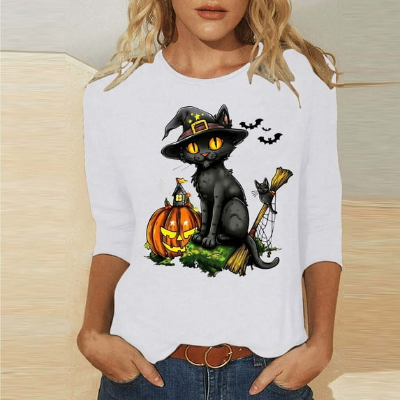 VKOYWKM Halloween Shirts Women 3/4 Length Sleeve Womens Tops Fall Crew Neck Loose Black Cat Graphic T Shirts Halloween Costume