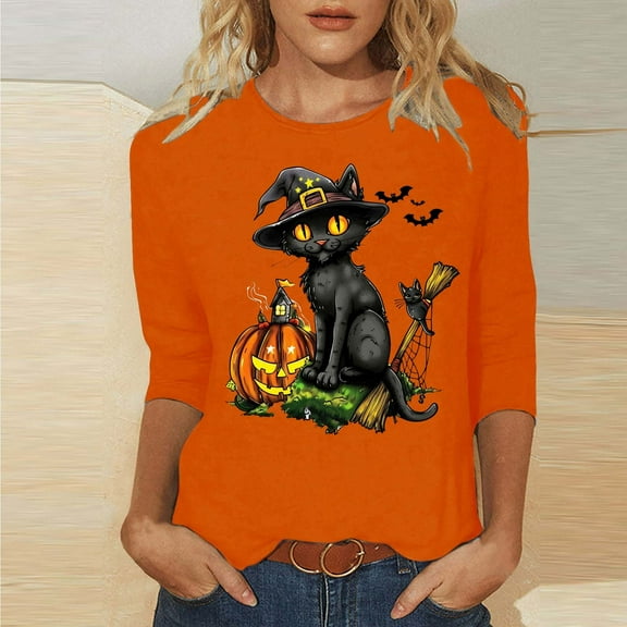 VKOYWKM Halloween Shirts Women 3/4 Length Sleeve Womens Tops Fall Crew Neck Loose Black Cat Graphic T Shirts Halloween Costume