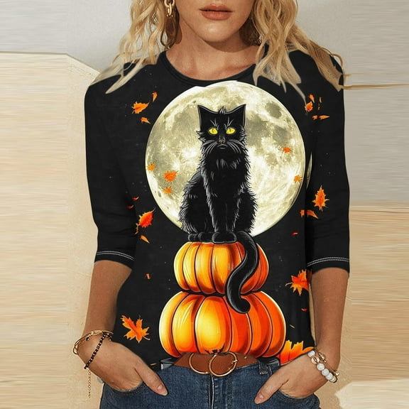 VKOYWKM Halloween Shirts Women 3/4 Sleeve Tops Halloween Black Cat Pumpkin Print Crew Neck Pullover Tees Loose Fit Comfy Fall Tunic Tops Halloween Costumes