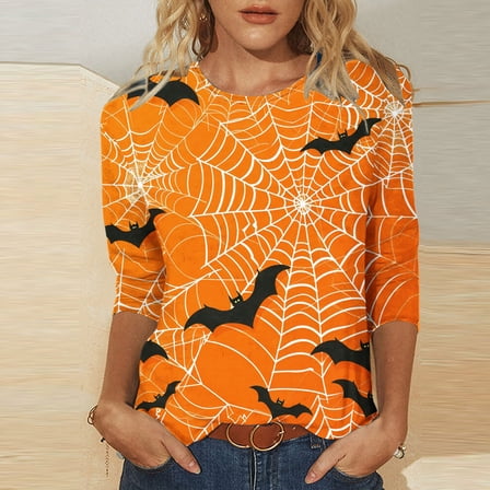 VKOYWKM Halloween Shirts Women Spiderweb Bat Graphic T Shirts 3/4 Sleeve Loose Fit Crew Neck Halloween Party Blouses