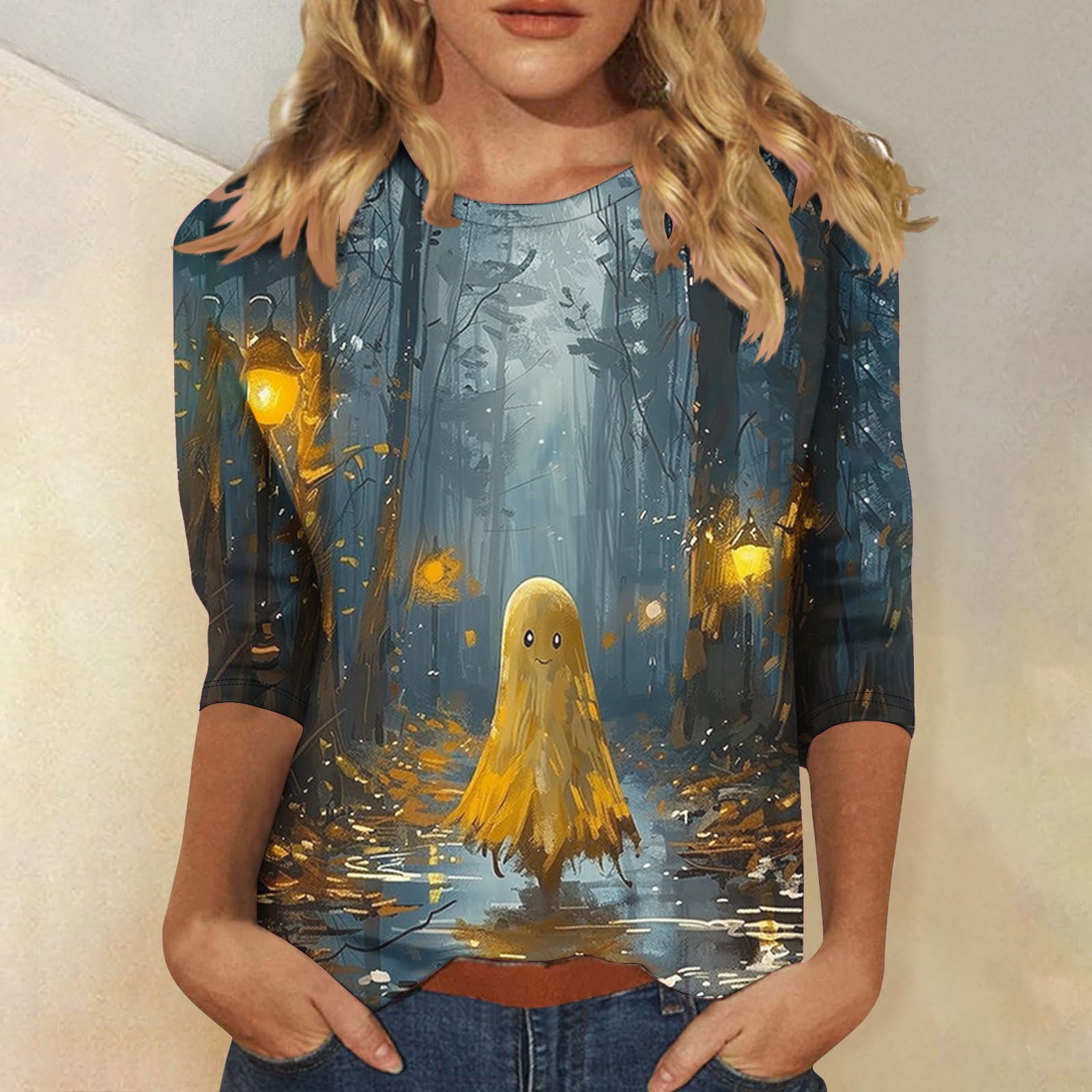 VKOYWKM Halloween Shirts Women Spooky Ghost Graphic T Shirts 3/4 Sleeve ...