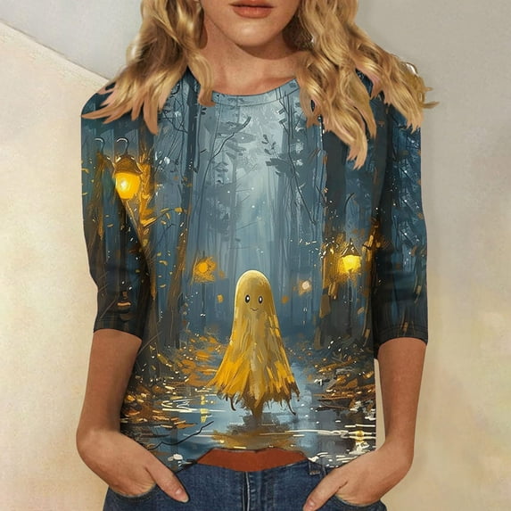 VKOYWKM Halloween Shirts Women Spooky Ghost Graphic T Shirts 3/4 Sleeve Loose Fit Crew Neck Halloween Party Blouses