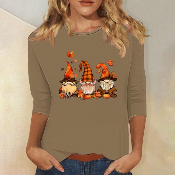 VKOYWKM Halloween Shirts for Women 3/4 Length Sleeve Halloween Top Cute Gnomes Graphic T Shirts Fall Crew Neck Spooky Tunic Tops