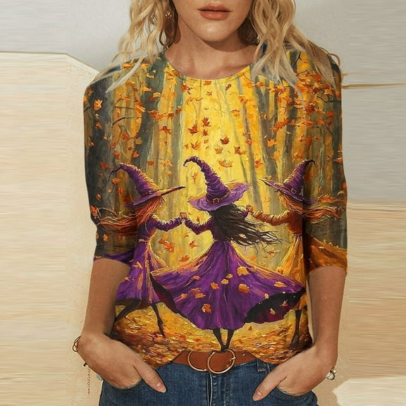 VKOYWKM Halloween Shirts for Women 3/4 Length Sleeve Women Tops Halloween Witch Graphic T Shirts Casual Crew Neck Halloween Tunic Top