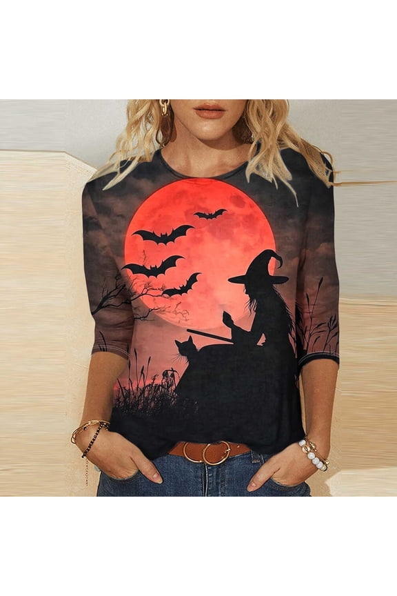 Halloween Shirts for Women 3/4 Length Sleeve Women Tops Halloween Witch Graphic T Shirts Funny Crew Neck Vintage Blouses