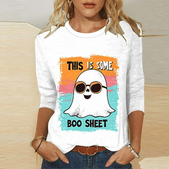 VKOYWKM Halloween Shirts for Women 3/4 Length Sleeve Womens Tops Halloween Spooky Graphic T Shirts Casual Crew Neck Halloween Vintage Tunic Top