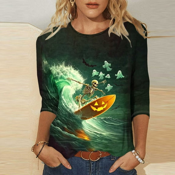 VKOYWKM Halloween Shirts for Women 3/4 Sleeve Funny Graphic T Shirt Crew Neck Loose Vintage Tops Halloween Spooky Print Tees