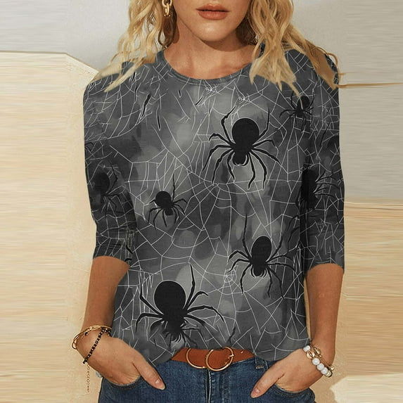 VKOYWKM Halloween Shirts for Women 3/4 Sleeve Funny Spiderweb Graphic T Shirt Crew Neck Loose Tunic Tops Halloween Spooky Print Tees