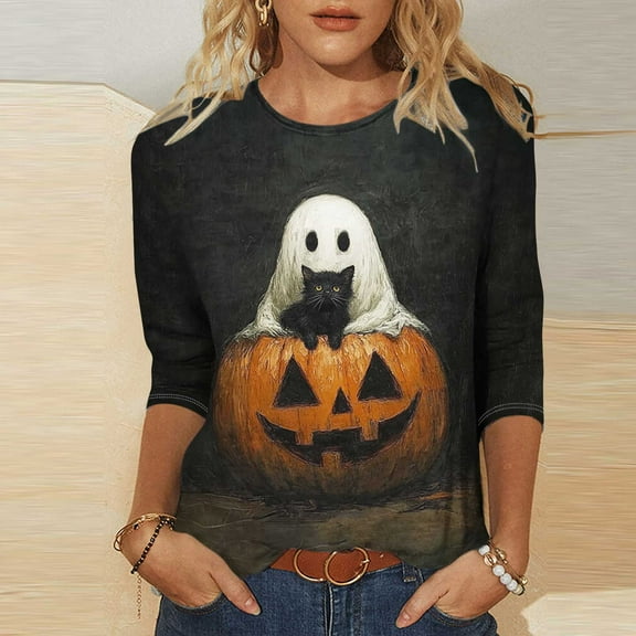VKOYWKM Halloween Shirts for Women 3/4 Sleeve Halloween Pumkin Ghost Graphic T Shirts Crew Neck Loose Fit Holiday Vintage Blouses